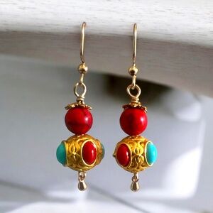 Golden Oasis Red & Turquoise Dangling Earrings